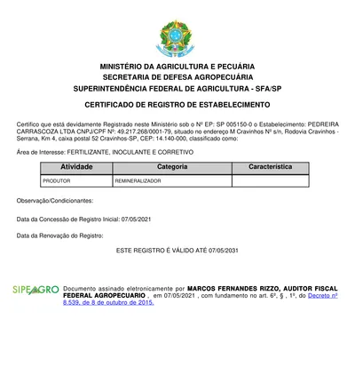 Certificado de registro de estabelecimento produtor de remineralizador no Ministério da Agricultura