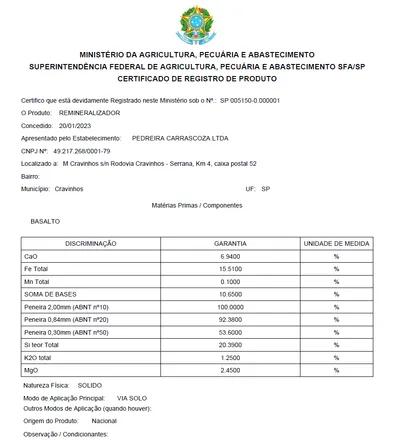 Certificado de registro do produto remineralizador no Ministério da Agricultura, com as garantias de composição